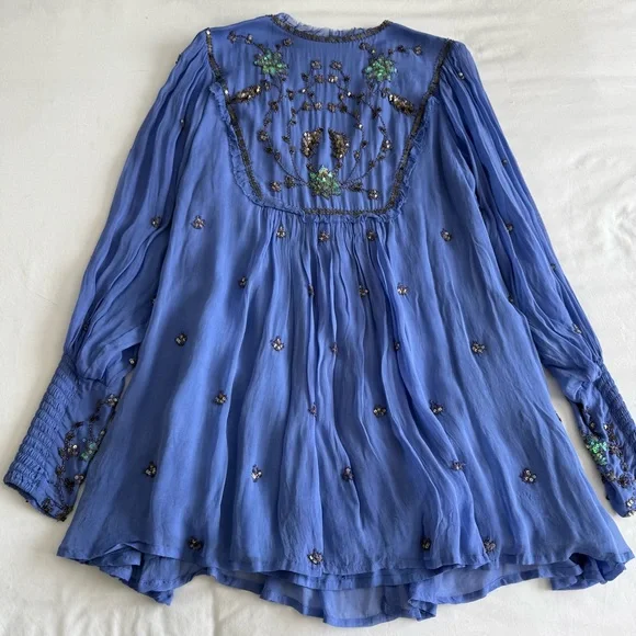 Free People Blue Bali Golden Sun Sequin Long Sleeve Dress - Picture 9 of 10